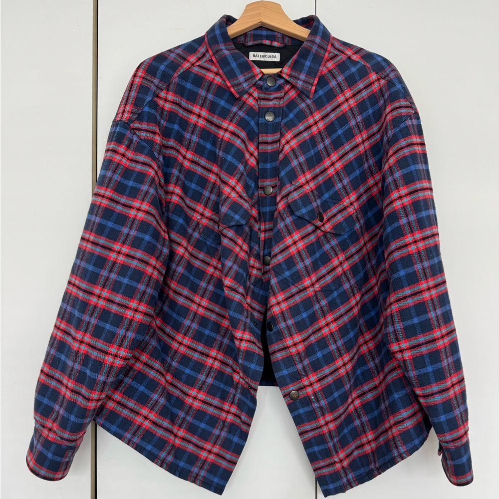 Balenciaga Red and Blue Plaid Button Down Shirt